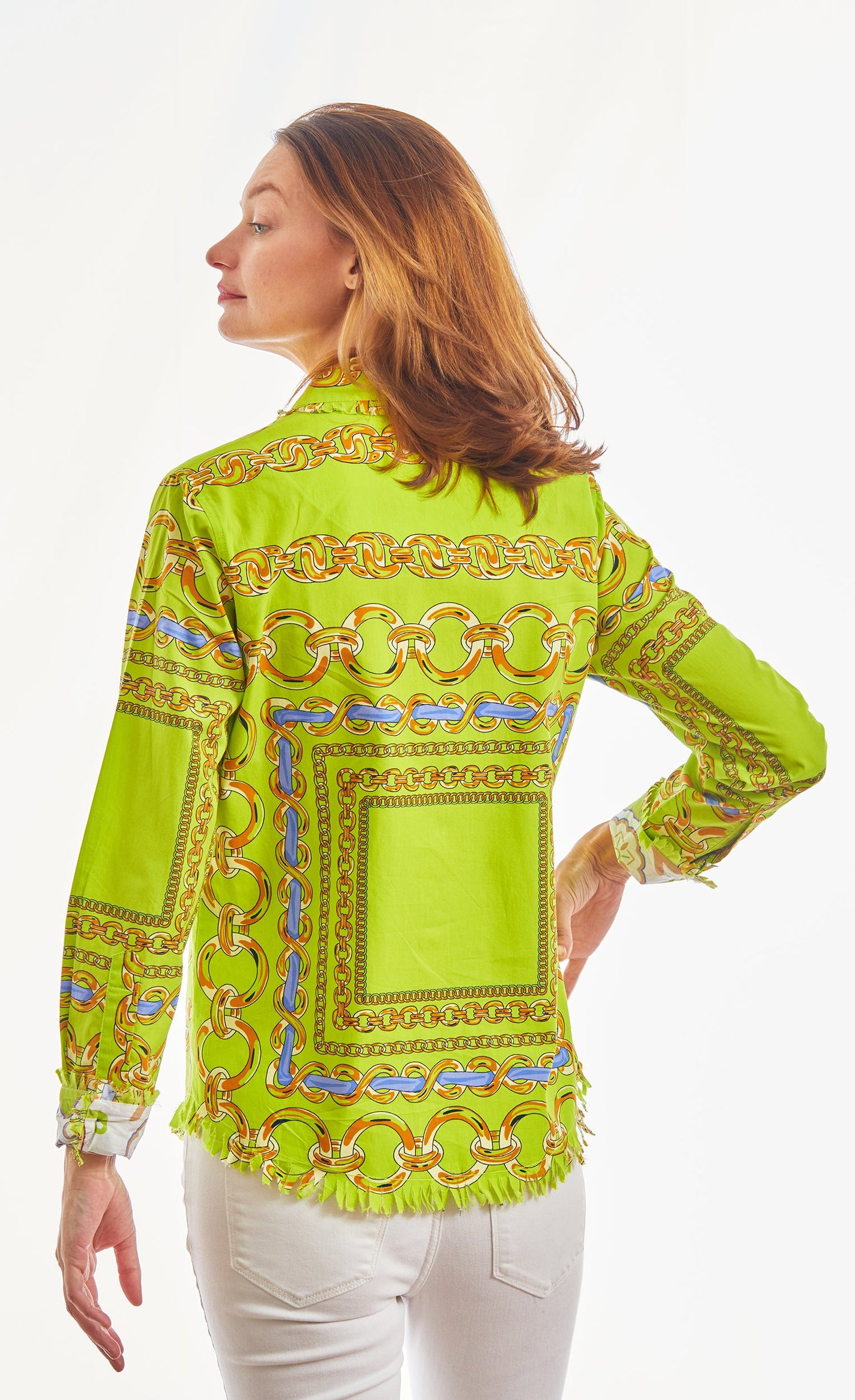 Dizzy-Lizzie Cape Cod Acid Green and Navy Links cotton stretch top with a fitted, stylish design and vibrant color accents.