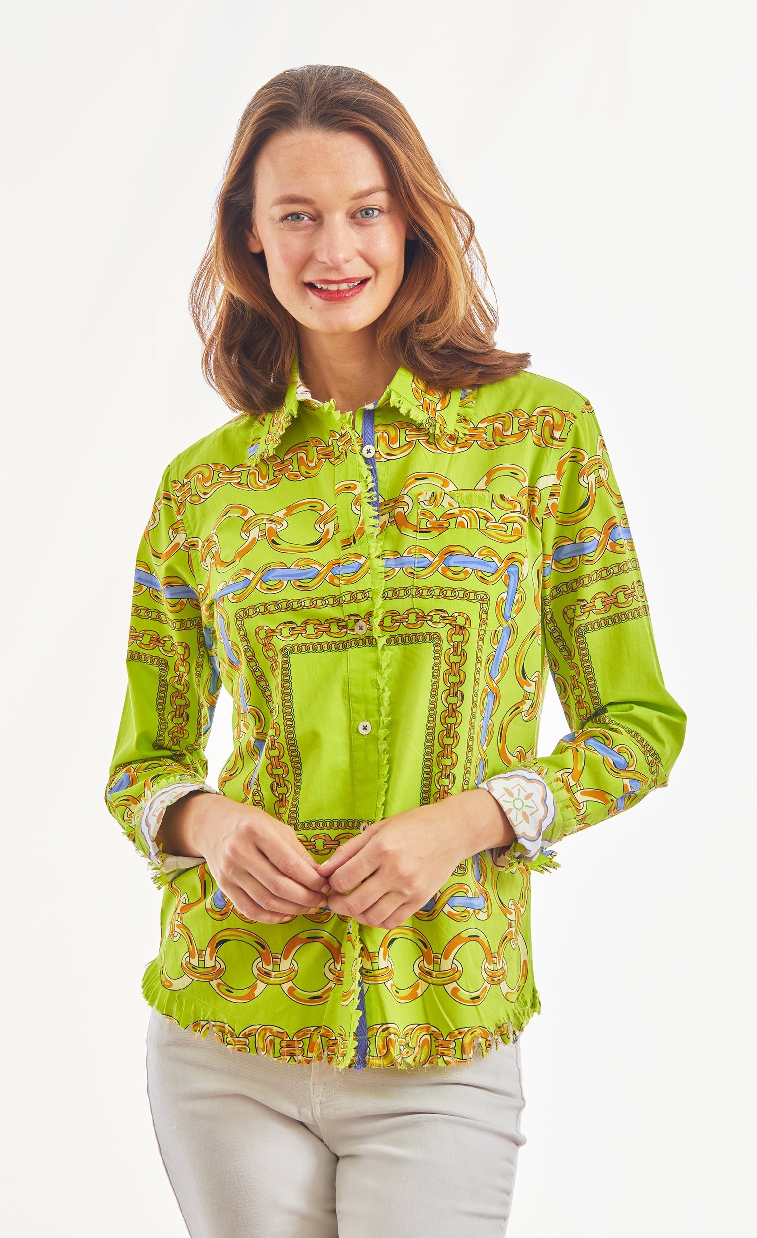 Dizzy-Lizzie Cape Cod Acid Green and Navy Links cotton stretch top with a fitted design and vibrant color blocking.