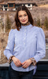 Blue striped puff sleeve top with cheetah collar and cuffs by Dizzy-Lizzie, featuring a stylish, patterned design.