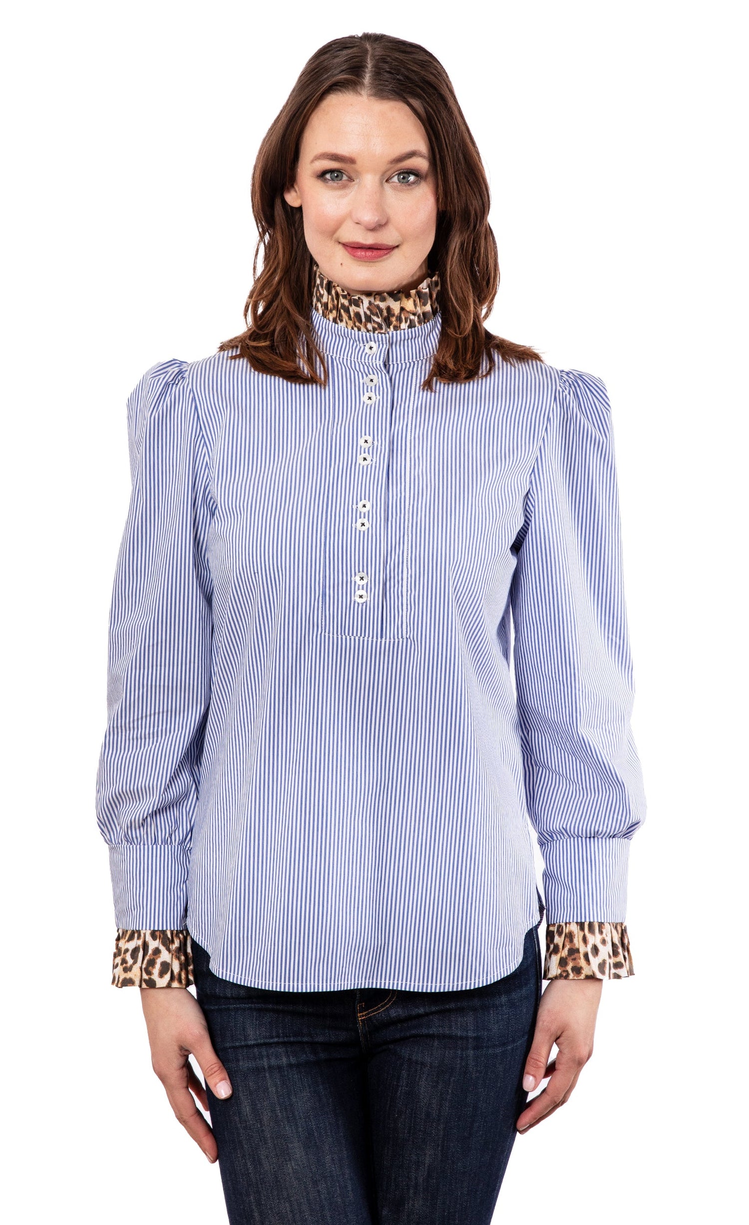 Blue striped puff sleeve top with cheetah collar and cuffs by Dizzy-Lizzie, showcased on a model.