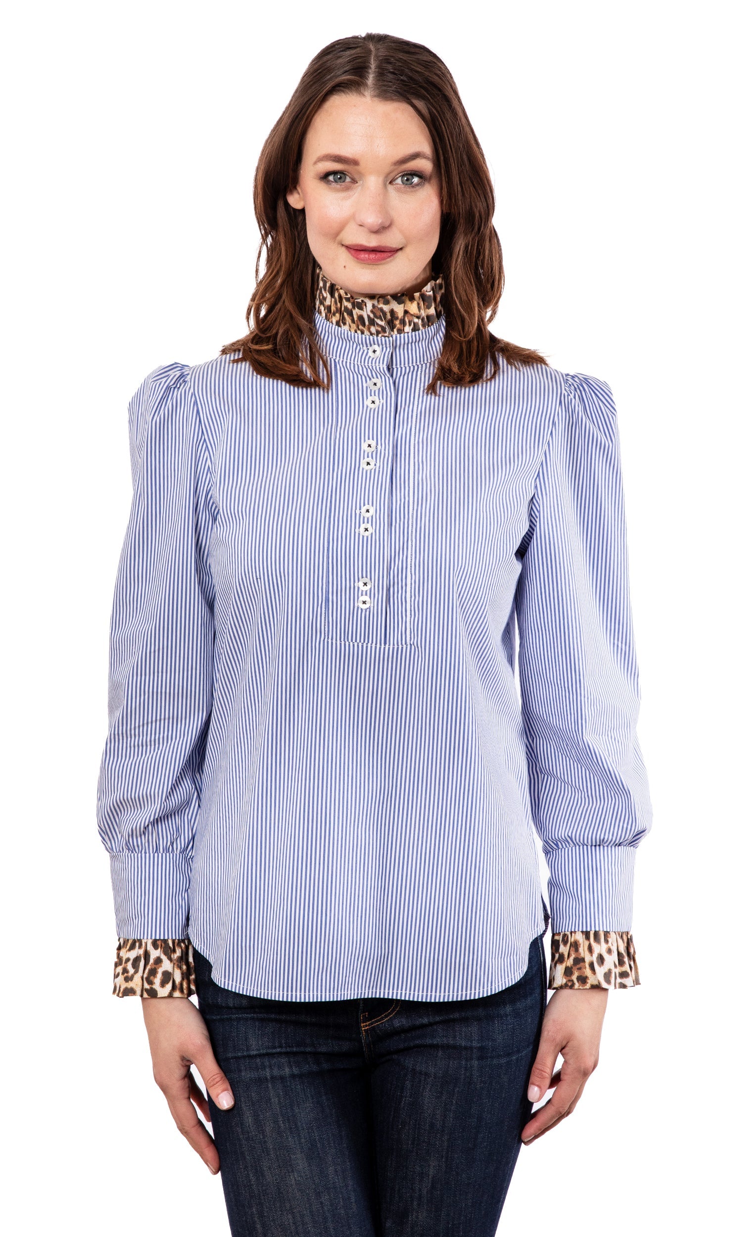 Blue striped puff sleeve top with cheetah collar and cuffs by Dizzy-Lizzie, showcased on a model.