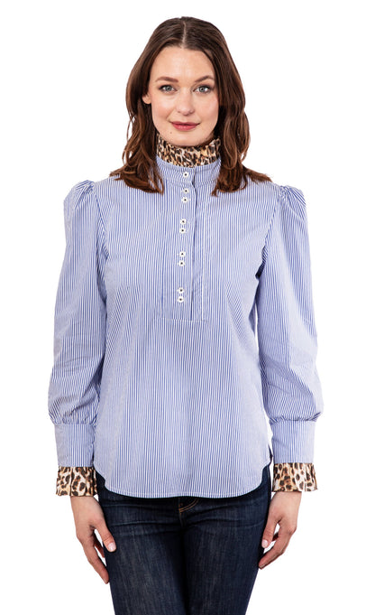 Blue striped puff sleeve top with cheetah collar and cuffs by Dizzy-Lizzie, showcased on a model.