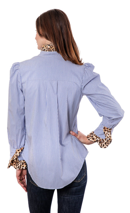 Blue striped puff sleeve top with cheetah collar and cuffs by Dizzy-Lizzie, stylish and trendy women&