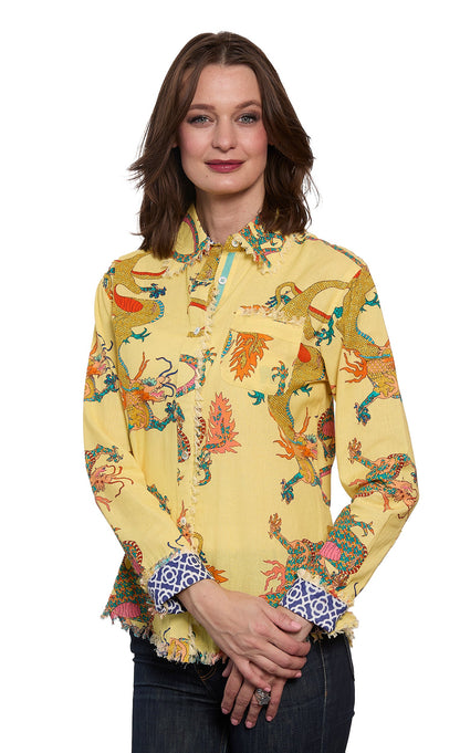 Butter yellow cotton linen top with a colorful dragon print by Dizzy-Lizzie, featuring a relaxed, stylish design.