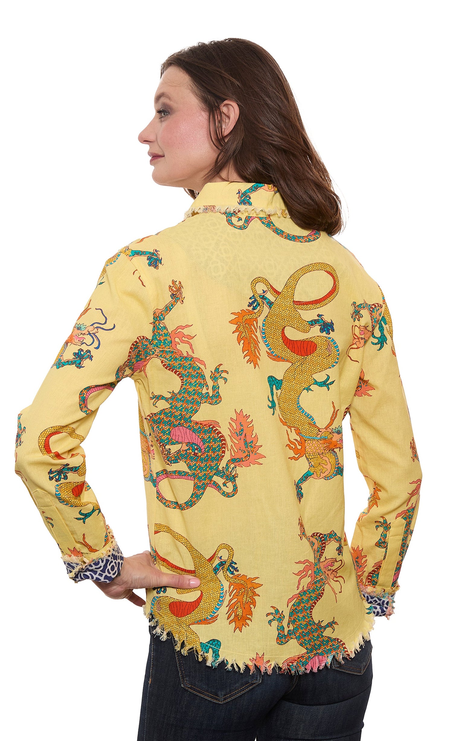 Dizzy-Lizzie Cape Cod top in butter yellow with dragon print, made of cotton linen fabric, casual sleeveless summer top.