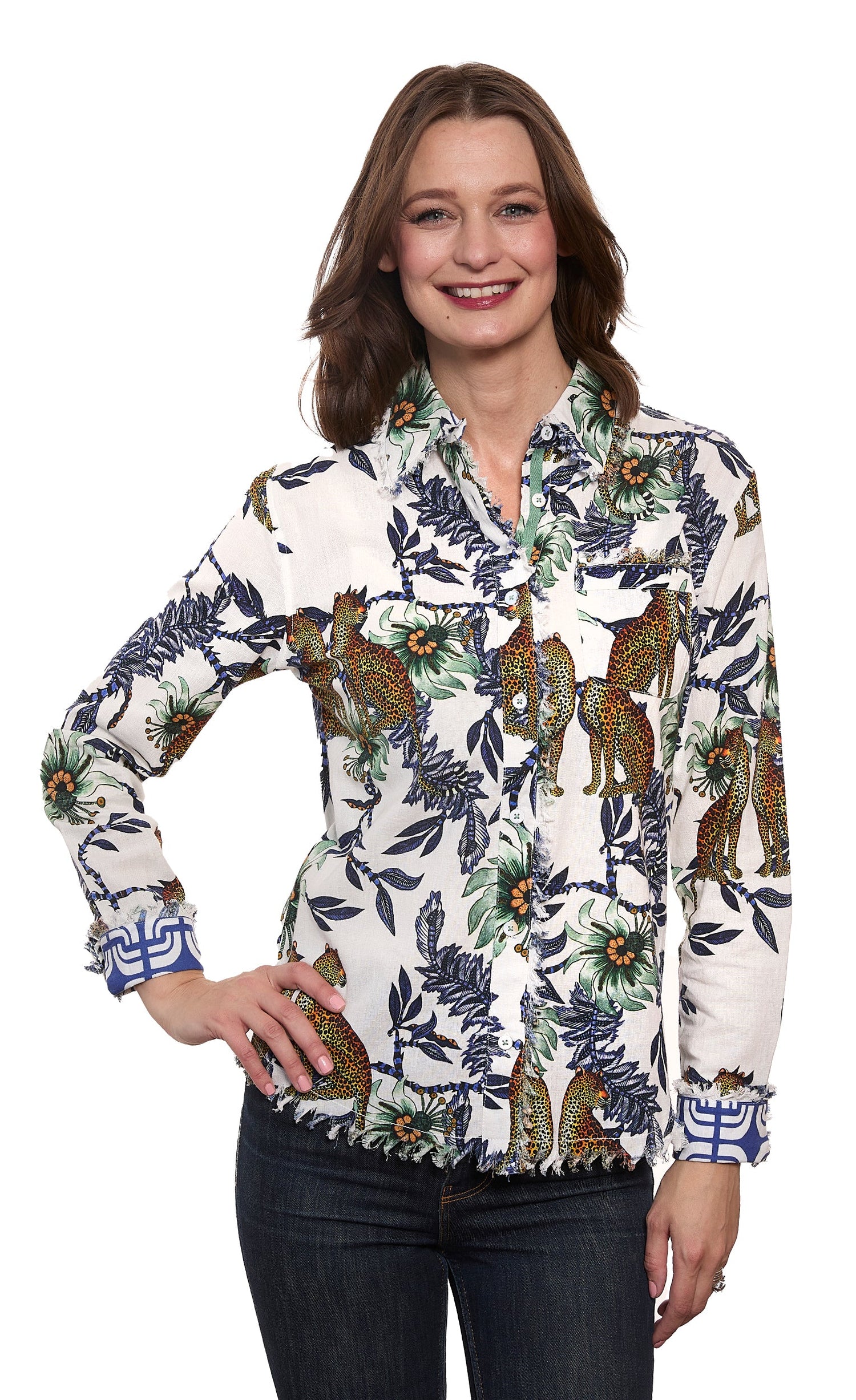 Dizzy-Lizzie Cape Cod Top with cheetahs and floral pattern on ivory cotton linen fabric, stylish women&