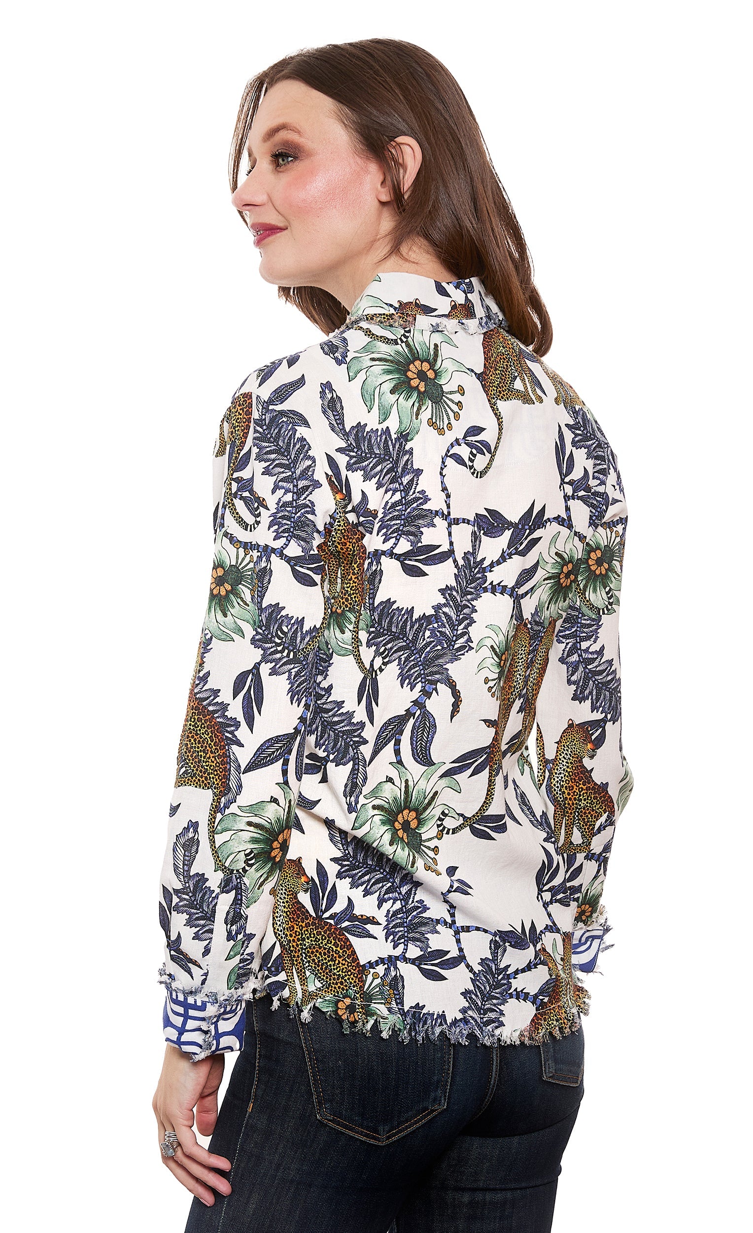Dizzy-Lizzie Cape Cod Top with cheetah and floral print on ivory cotton linen fabric, casual stylish blouse for women