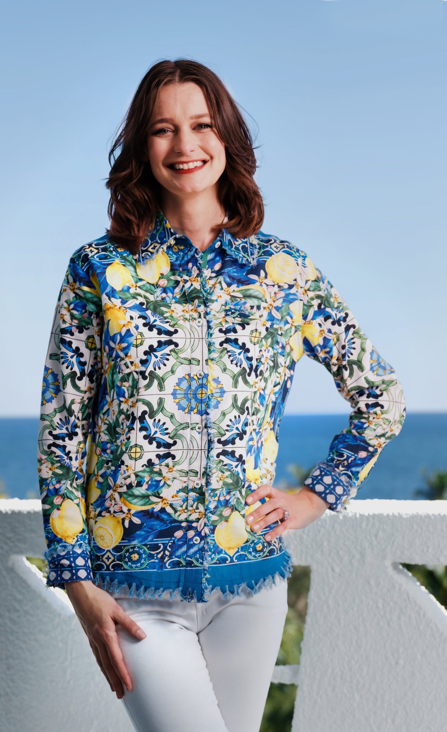Dizzy-Lizzie Cape Cod top with lemons print on cotton linen fabric, casual sleeveless summer top with vibrant citrus design.