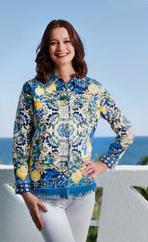 Dizzy-Lizzie Cape Cod top with lemon print on cotton linen fabric, casual sleeveless tops for warm weather.