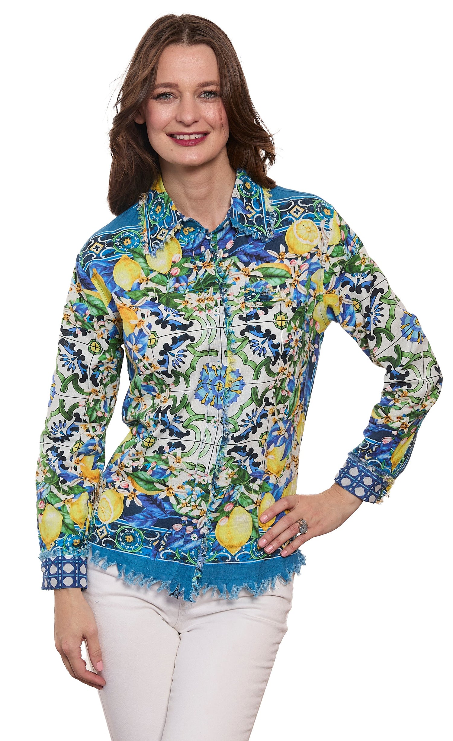 Dizzy-Lizzie Cape Cod top with lemon print on cotton linen fabric, showcasing a stylish, casual sleeveless blouse.