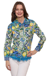 Dizzy-Lizzie Cape Cod Top with lemon print on cotton linen, stylish sleeveless sleeveless women&