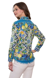 Dizzy-Lizzie Cape Cod top in lemon print, lightweight cotton linen fabric, casual sleeveless design with vibrant citrus pattern.
