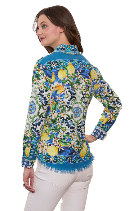 Dizzy-Lizzie Cape Cod top with lemon print on cotton linen fabric, featuring a stylish, casual design perfect for warm weather.