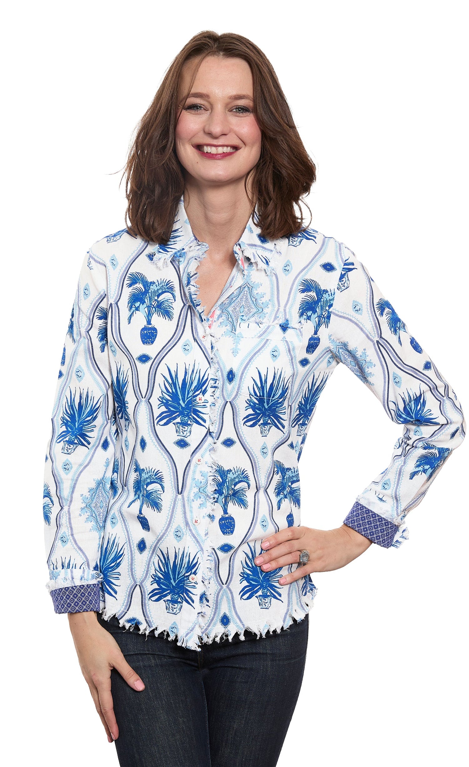 Linen cotton Cape Cod Top by Dizzy-Lizzie featuring a Chinoiserie print, displayed on a mannequin.