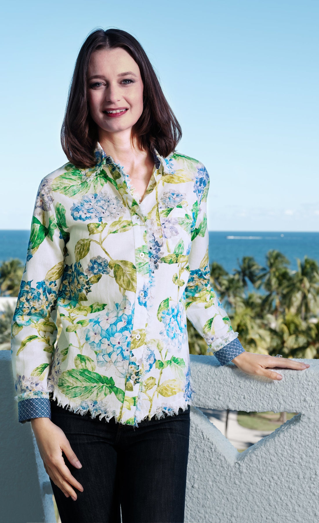 Linen cotton hydrangea print top from Dizzy-Lizzie, showcasing a stylish and comfortable women&