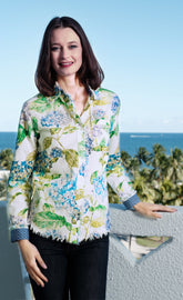 Dizzy-Lizzie Cape Cod Top in linen cotton with hydrangea print, featuring a stylish and breathable design.