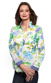 Dizzy-Lizzie Cape Cod Top in linen cotton with hydrangea print, lightweight and stylish for casual wear.