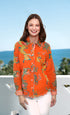 Orange Dragon Print Cotton Linen Cape Cod Top by Dizzy-Lizzie featuring a vibrant dragon design on lightweight fabric.