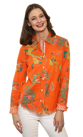 Dizzy-Lizzie Cape Cod Top in orange with dragon print, made from cotton linen, stylish and lightweight women&