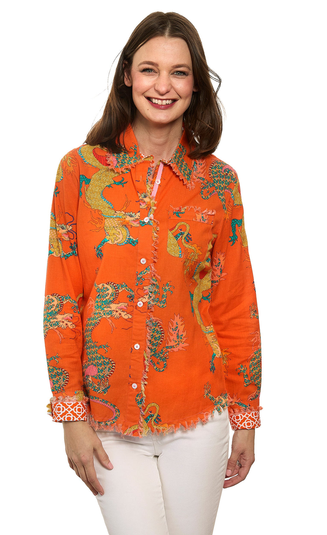 Dizzy-Lizzie Cape Cod Top in orange with dragon print, made of cotton linen, casual sleeveless top for women.