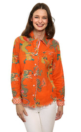 Dizzy-Lizzie Cape Cod Top in orange with dragon print, made of cotton linen, casual sleeveless top for women.