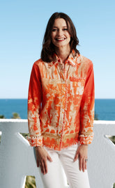 Orange and gold Cape Cod top by Dizzy-Lizzie featuring Thai dancers print, made of cotton linen fabric.
