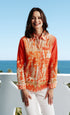 Orange cotton linen top with gold Thai dancers print from Dizzy-Lizzie, casual fashion piece with vibrant design.