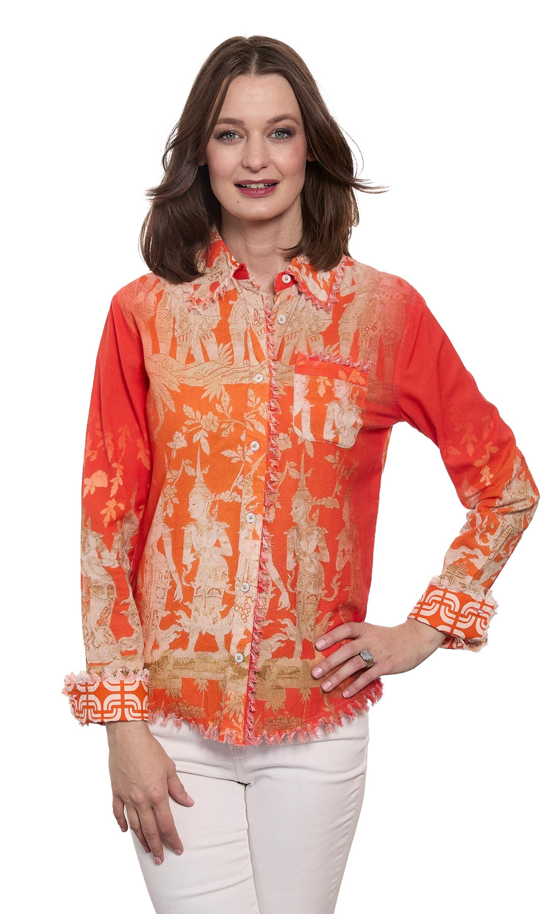 Orange and gold Thai dancers print cotton linen top by Dizzy-Lizzie, featuring vibrant colors and intricate traditional design.