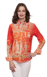 Dizzy-Lizzie Cape Cod Top in orange and gold Thai dancers print cotton linen, stylish lightweight sleeveless blouse.
