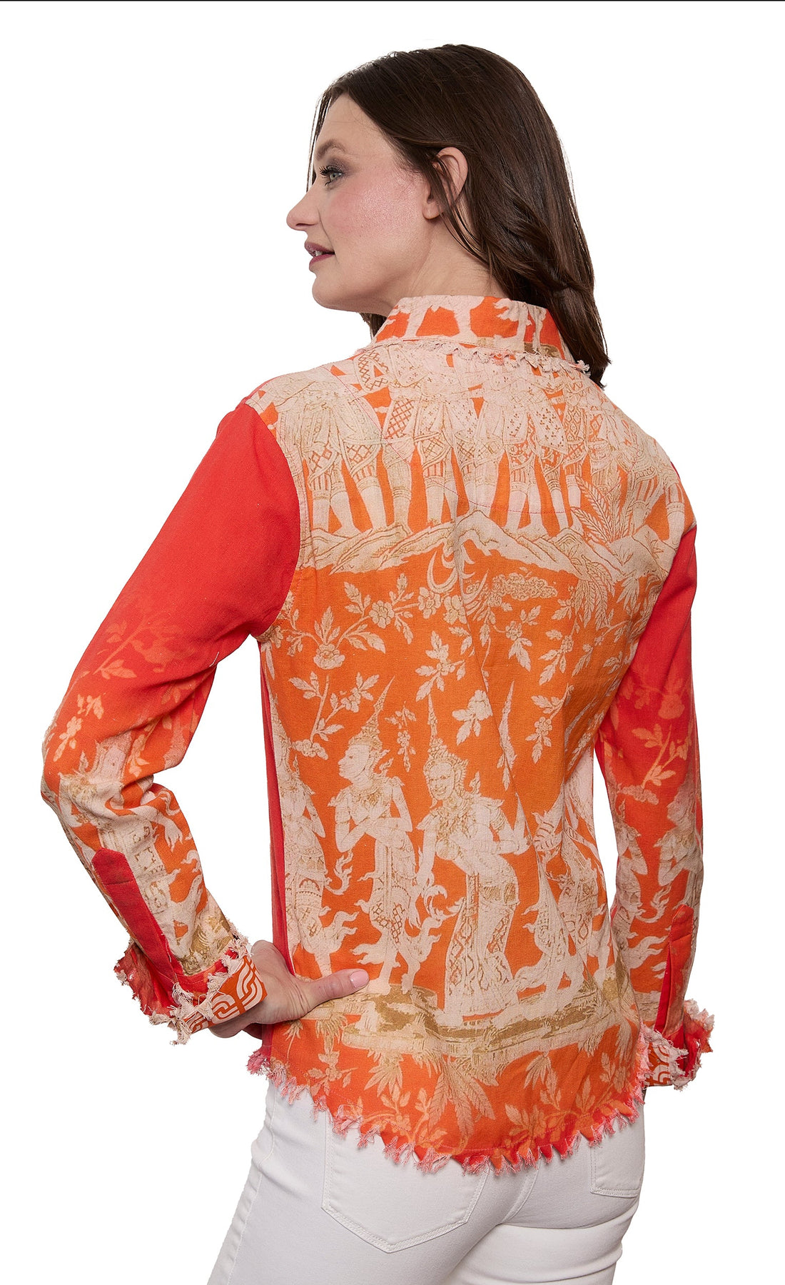 Dizzy-Lizzie Cape Cod Top in orange gold Thai dancers print cotton linen, stylish sleeveless sleeveless top for women.