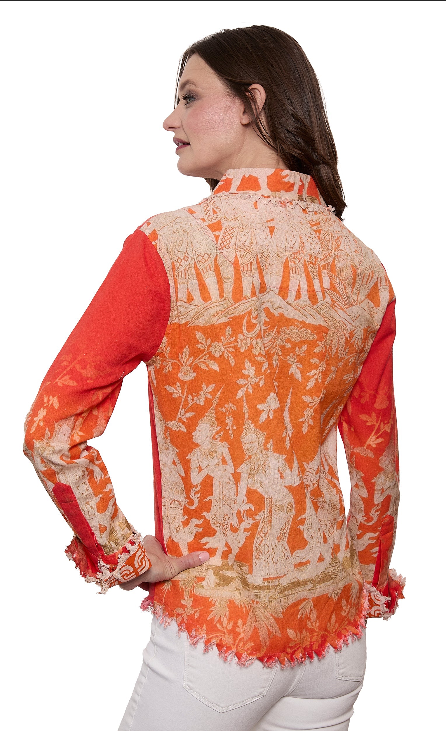 Orange cotton linen top by Dizzy-Lizzie featuring gold Thai dancer print, casual and stylish for warm weather.