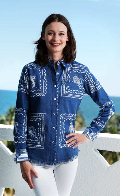 Dizzy-Lizzie Cape Cod top with colorful sealife print, lightweight casual blouse, long sleeves and relaxed fit.