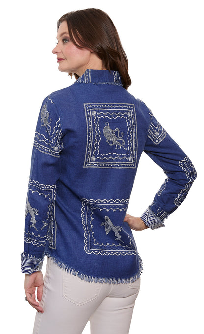 Dizzy-Lizzie Cape Cod top featuring a colorful sealife print, casual short-sleeve design, perfect for summer wear.