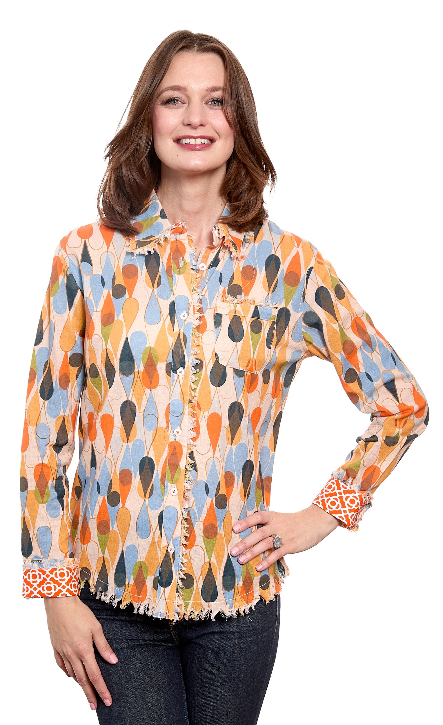 Dizzy-Lizzie Cape Cod Top with teardrop print, cotton linen fabric, casual sleeveless design, shown in a natural pose.