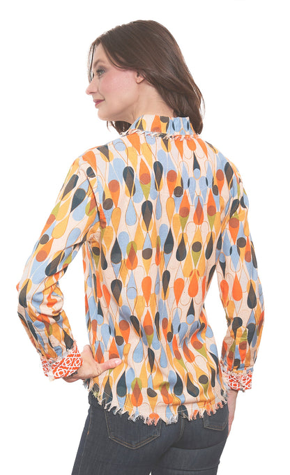 Dizzy-Lizzie Cape Cod Top in teardrops print, cotton linen fabric, stylish sleeveless design with a relaxed fit and vibrant pattern.
