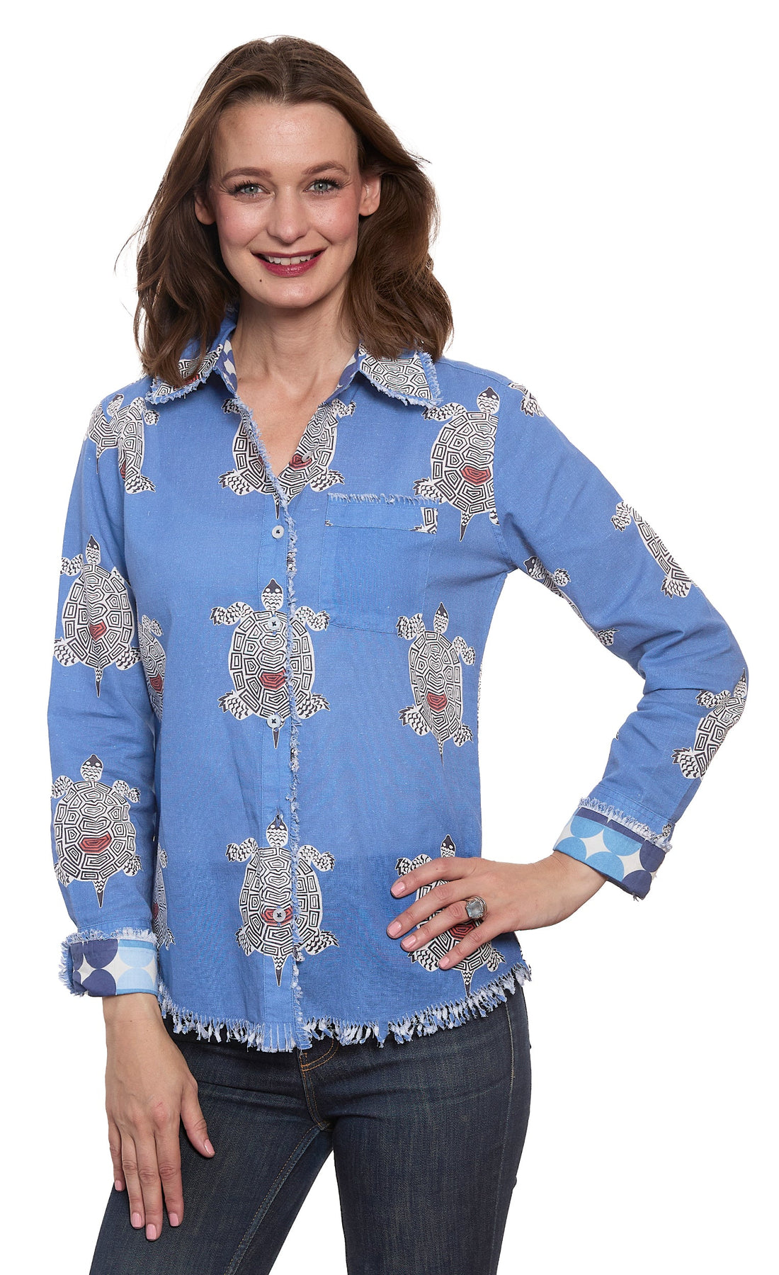 Dizzy-Lizzie Cape Cod Top with colorful turtle print, lightweight casual top for women, featuring vibrant ocean-themed design.