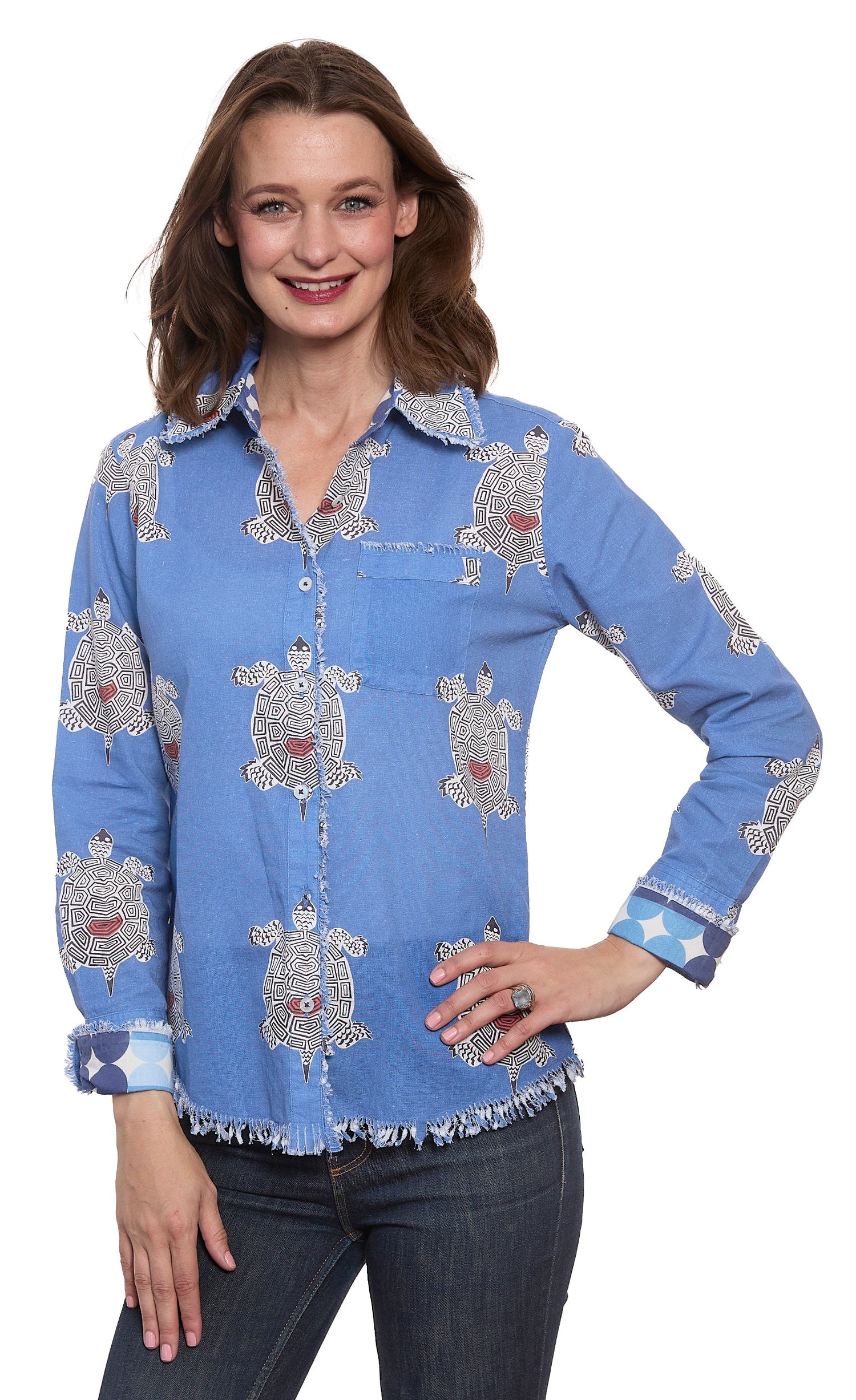 Dizzy-Lizzie Cape Cod Top with colorful turtle print, lightweight casual top for women, featuring vibrant ocean-themed design.