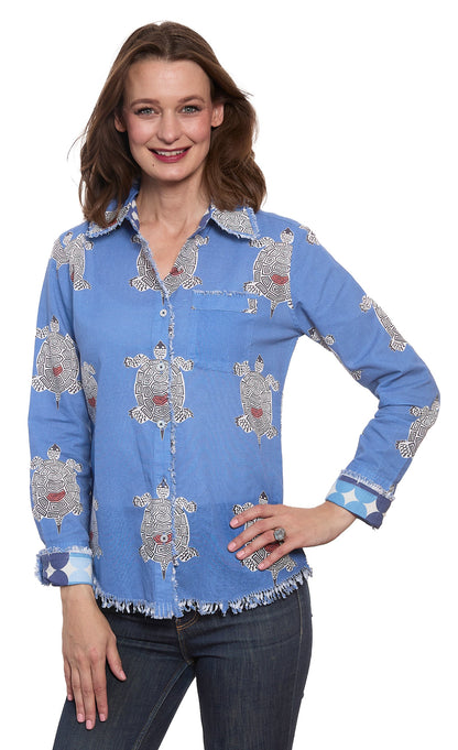 Dizzy-Lizzie Cape Cod Top with colorful turtle print, lightweight casual top for women, featuring vibrant ocean-themed design.