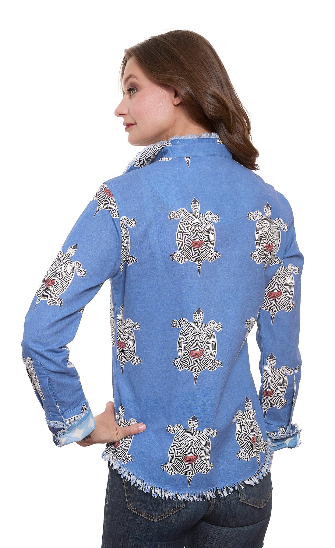 Dizzy-Lizzie Cape Cod Top featuring a playful turtles print, lightweight casual top for women, perfect for summer wear.
