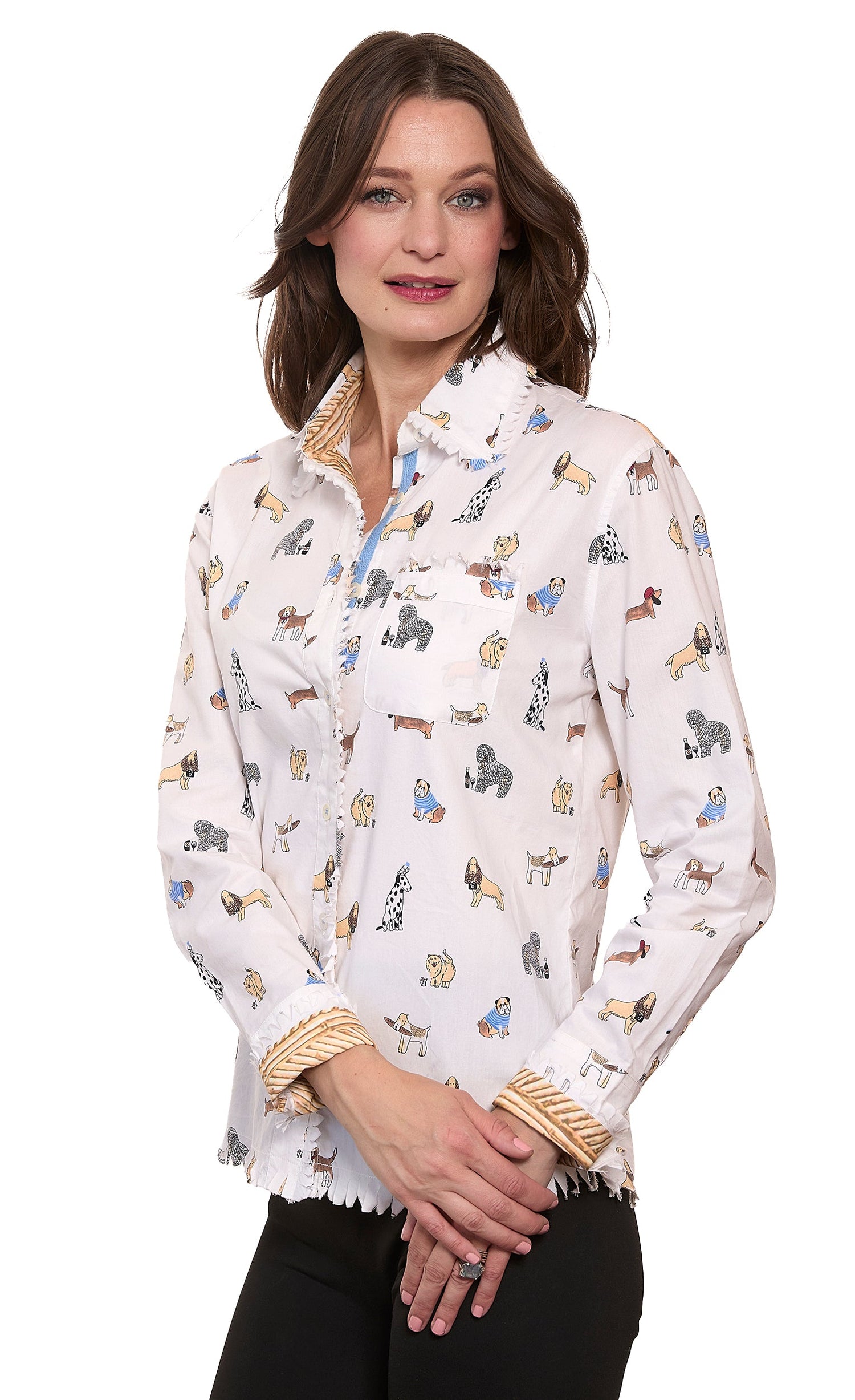 Dizzy-Lizzie Cape Cod top featuring French doggies pattern, stylish casual sleeveless blouse with nautical-inspired design.
