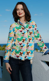 Dizzy-Lizzie Cape Cod top with neutral ground butterflies, casual women&