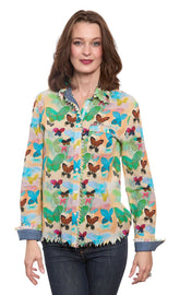 Dizzy-Lizzie Cape Cod Top with neutral ground butterflies, lightweight sleeveless blouse, casual summer fashion.