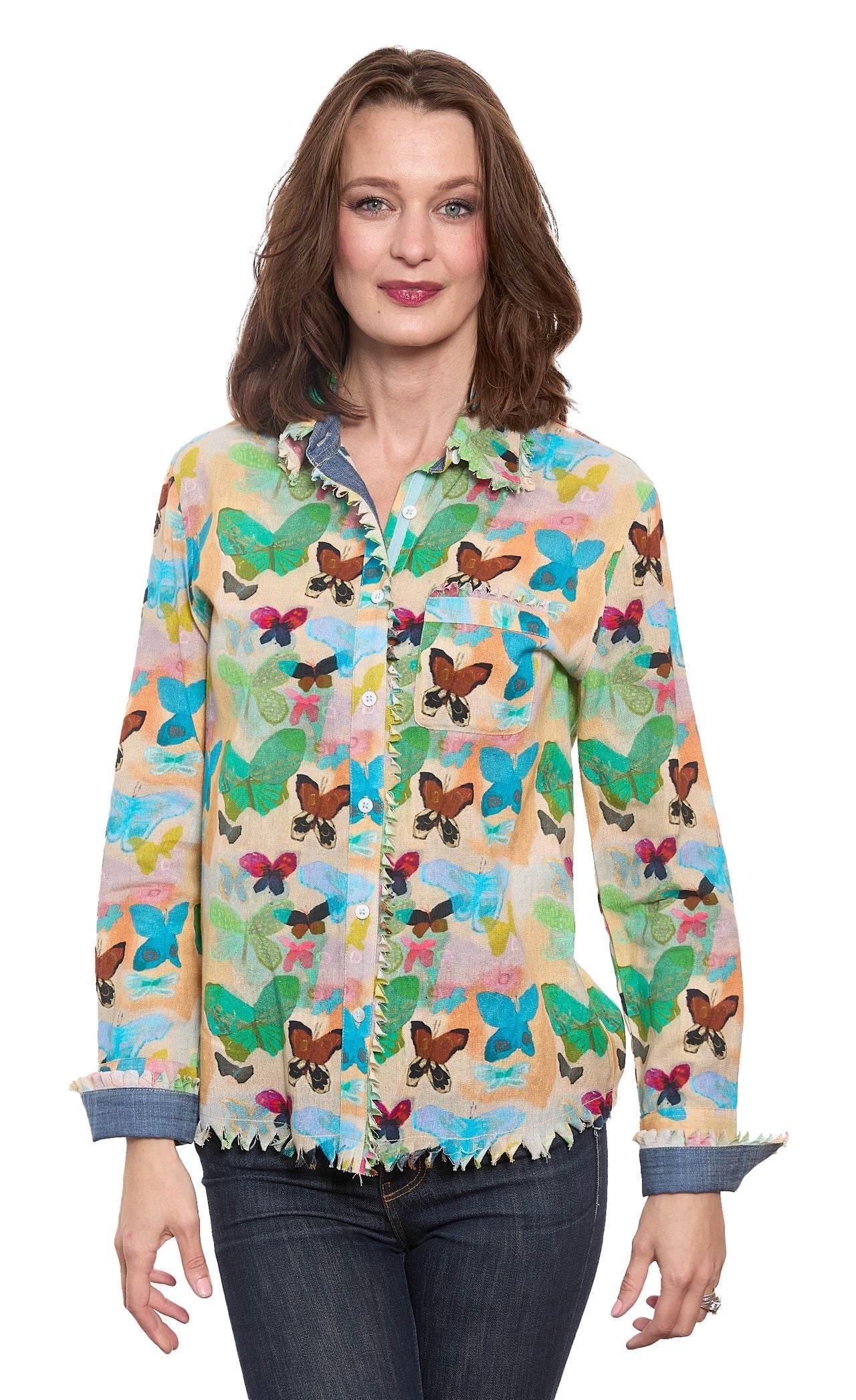Dizzy-Lizzie Cape Cod Top featuring neutral ground butterflies, lightweight fabric, and a stylish, casual fit.