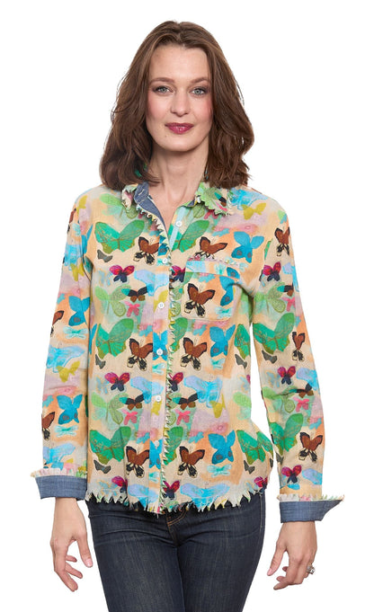 Dizzy-Lizzie Cape Cod Top featuring neutral ground butterflies, lightweight fabric, and a stylish, casual fit.