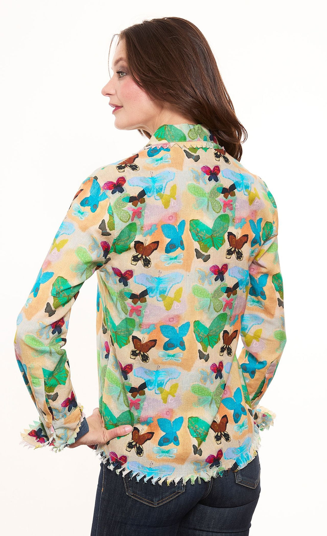 Dizzy-Lizzie Cape Cod Top with neutral ground butterflies, lightweight women&