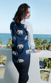 Dizzy-Lizzie Chesapeake Hi Lo Top featuring navy ground Ellie design on the back, casual women&