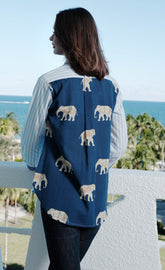 Dizzy-Lizzie Chesapeake Hi Lo Top in navy with Ellies design on the back, casual women&