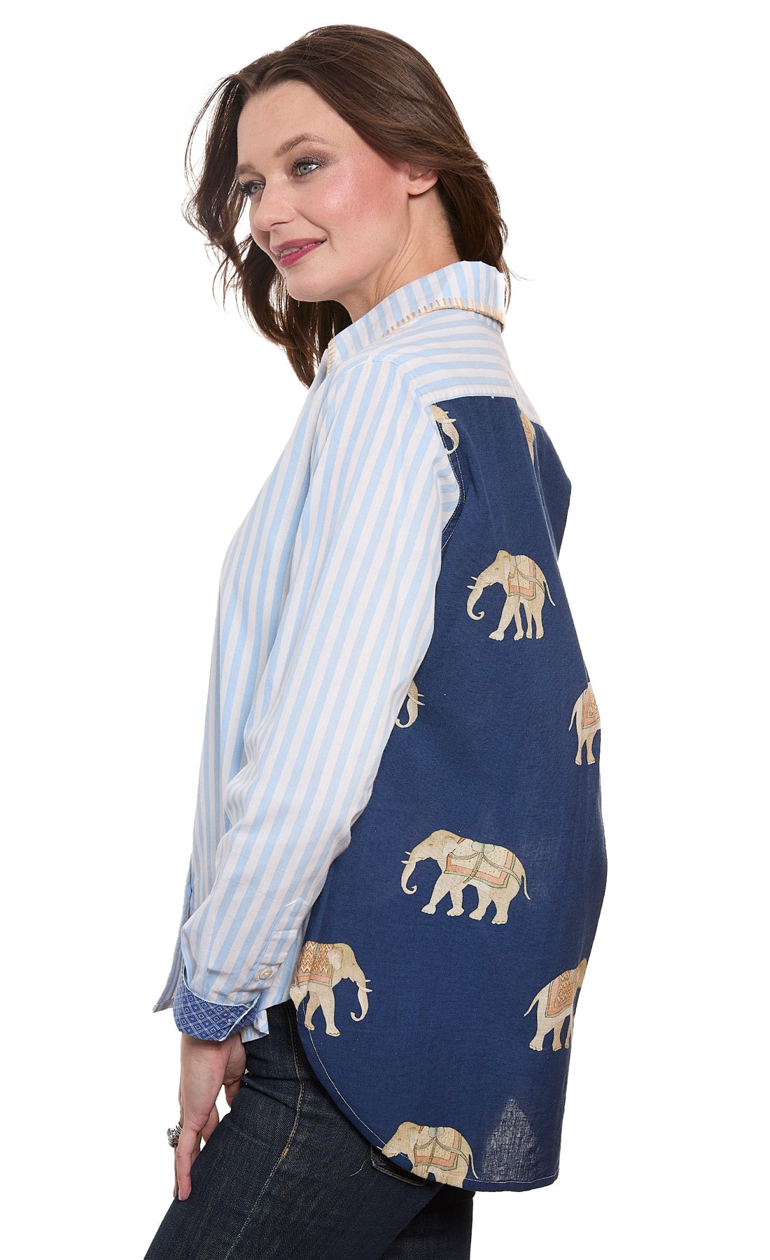 Dizzy-Lizzie Chesapeake Hi Lo Top with navy ground Ellie design on the back, casual women&