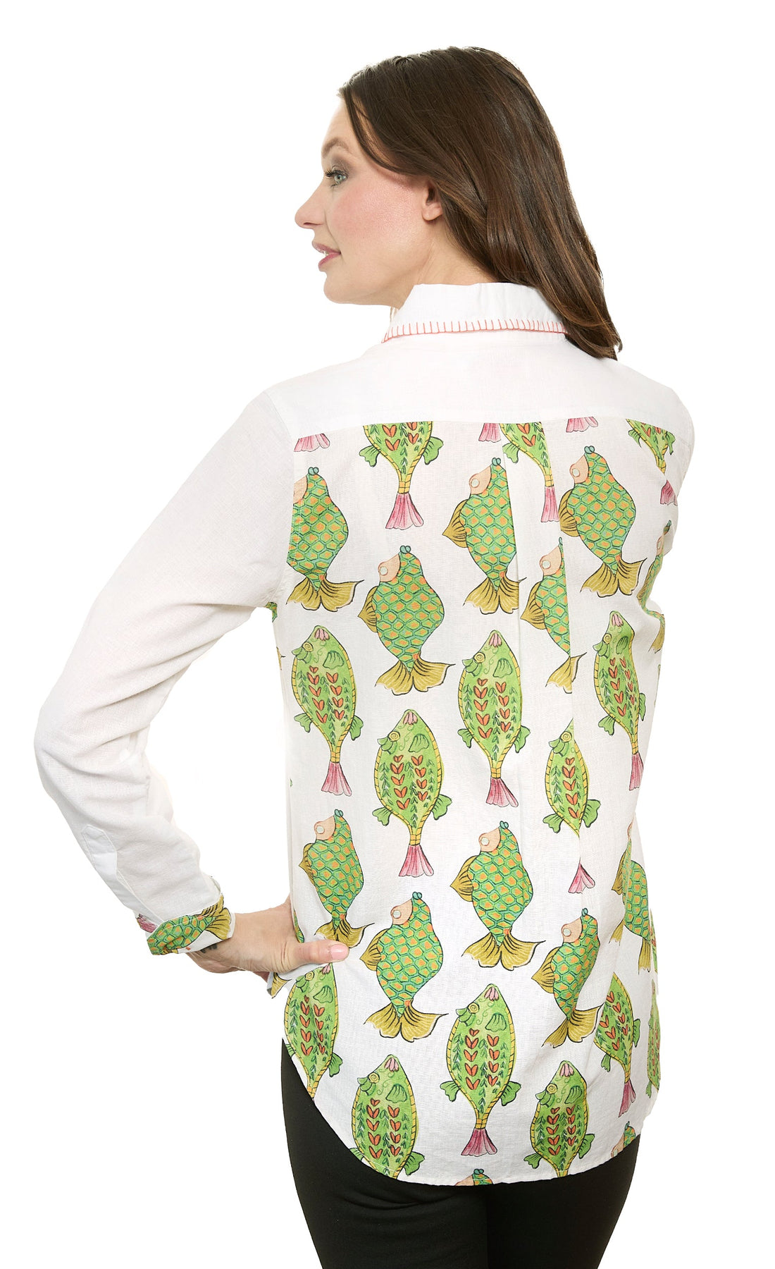 Dizzy-Lizzie Chesapeake top with fishes back panel, featuring a stylish casual design and colorful fish print on the back.