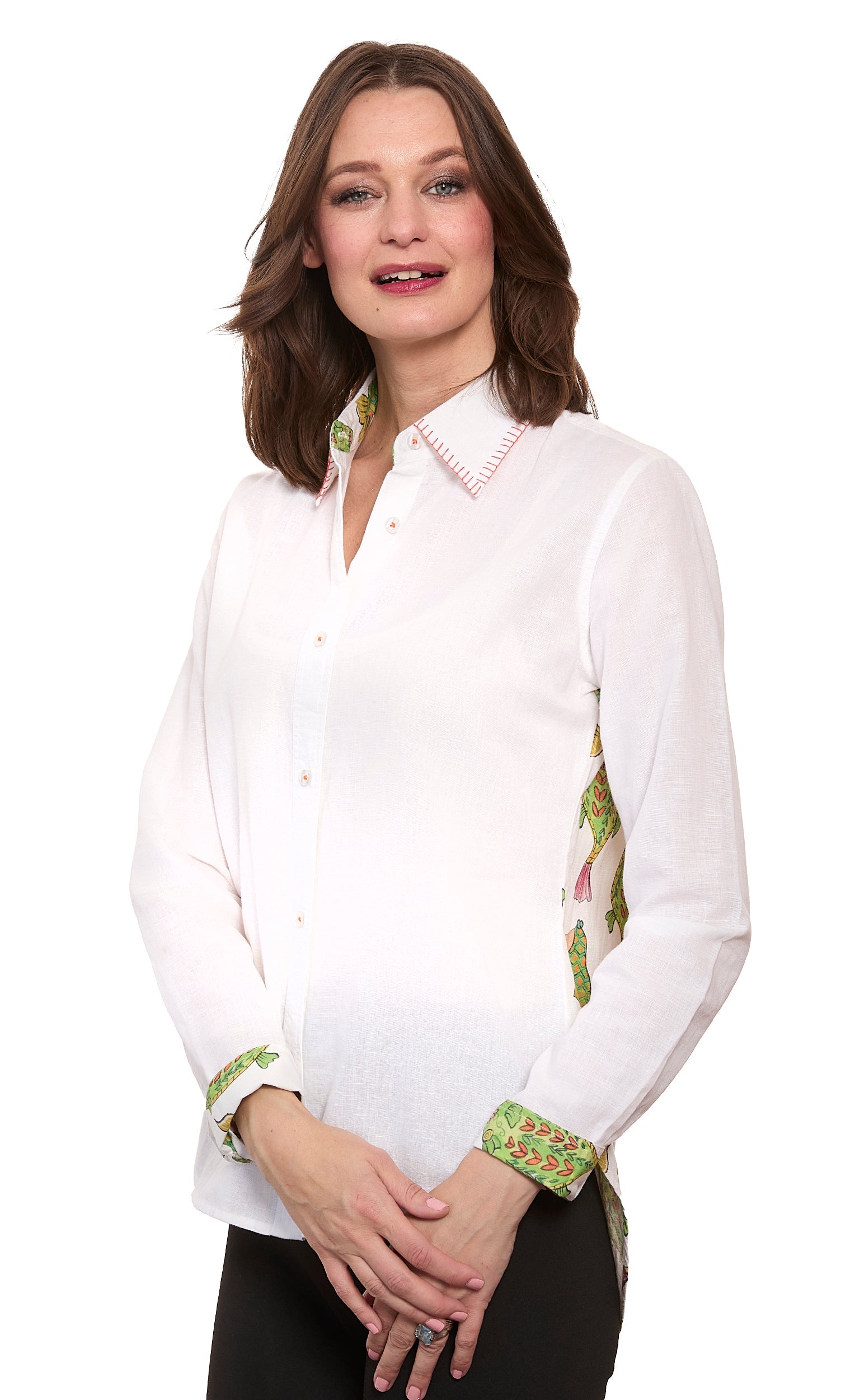 Dizzy-Lizzie Chesapeake top with a fish design back panel, featuring a stylish casual tops silhouette and vibrant print.
